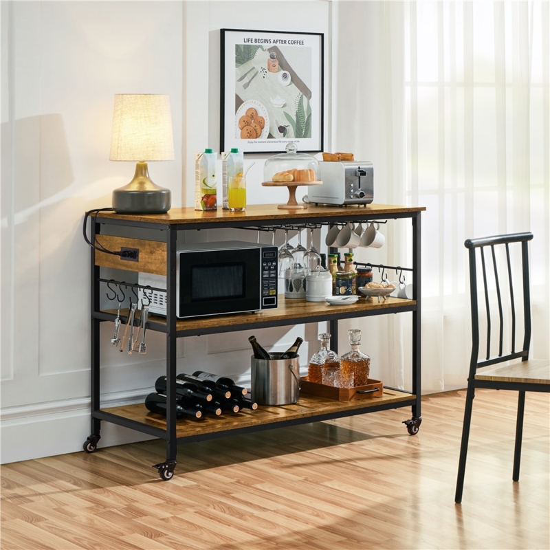 Industrial Kitchen Island Cart with Outlets and Wine Rack