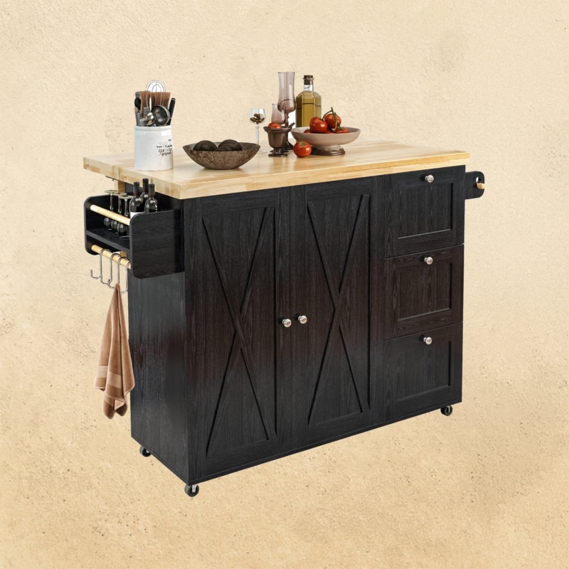 Industrial Kitchen Island Cart with Tuck Away Stools, Black Metal Frame
