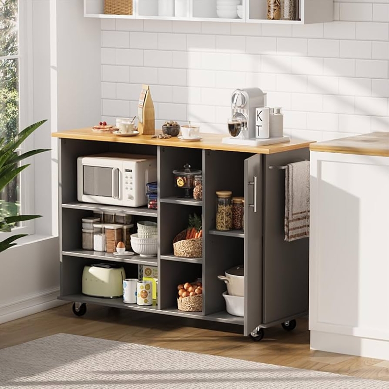 Industrial Kitchen Island: Cement Look Top, Dark Wood Cabinet, Rolling Cart