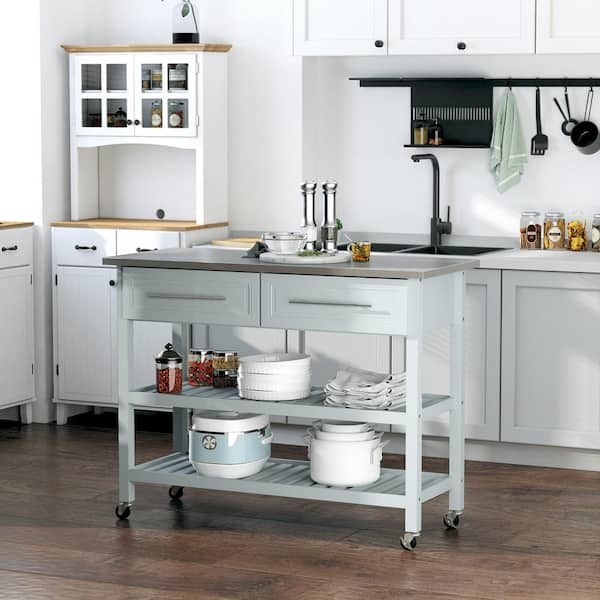 Industrial Light Gray Kitchen Island with Stainless Steel Top on Wheels