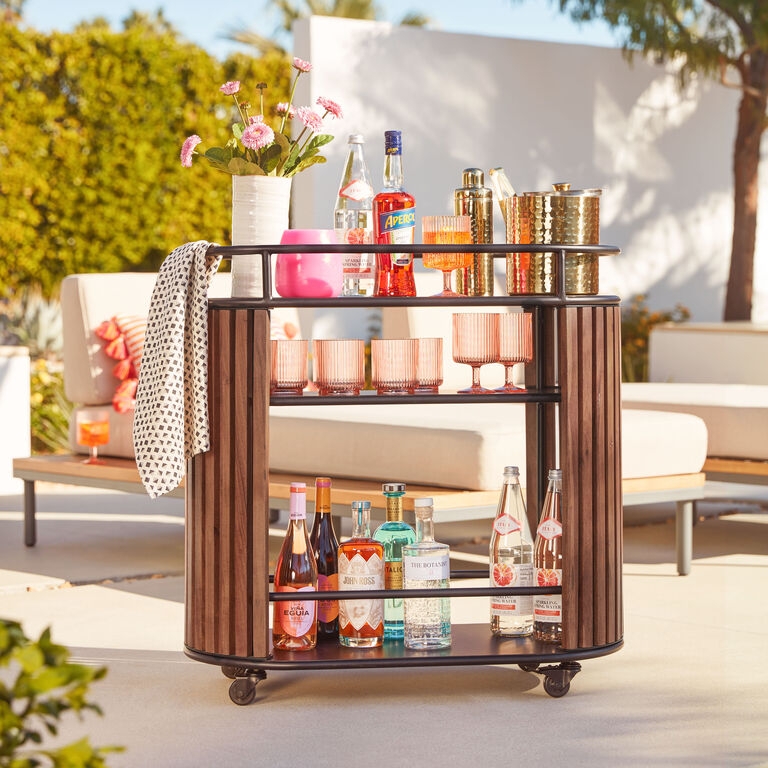 Industrial Metal Bar Cart with Slatted Wood Shelves and Oval Frame