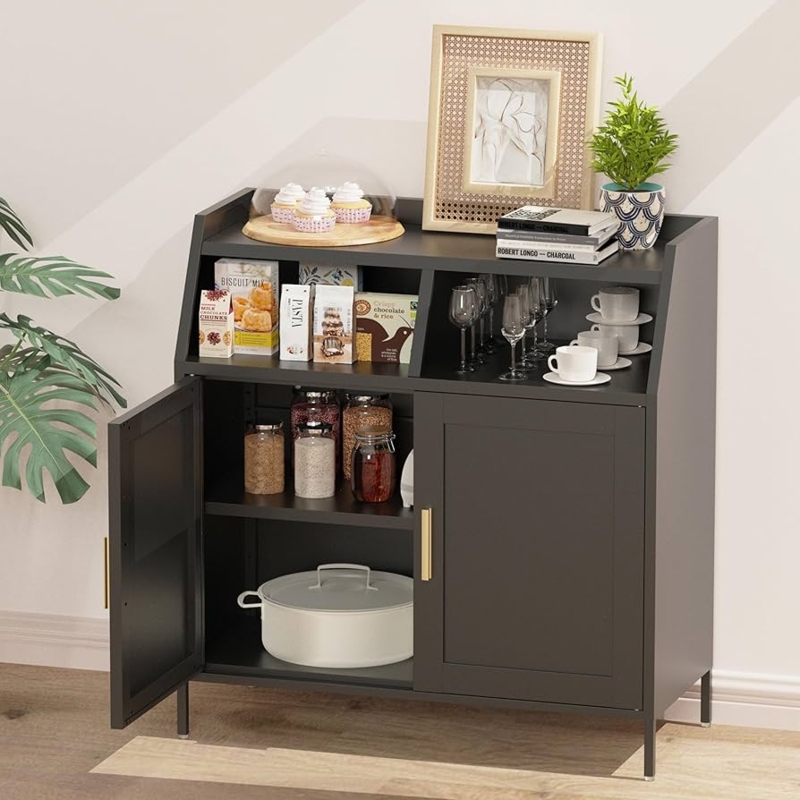 Industrial Metal Buffet with Matte Black Mesh Doors