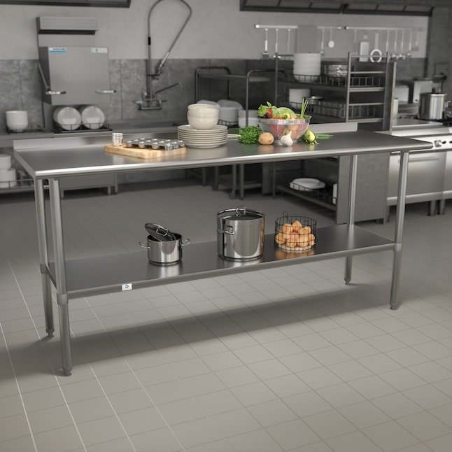Industrial Metal Utility Table with Integrated Backsplash & Undershelf