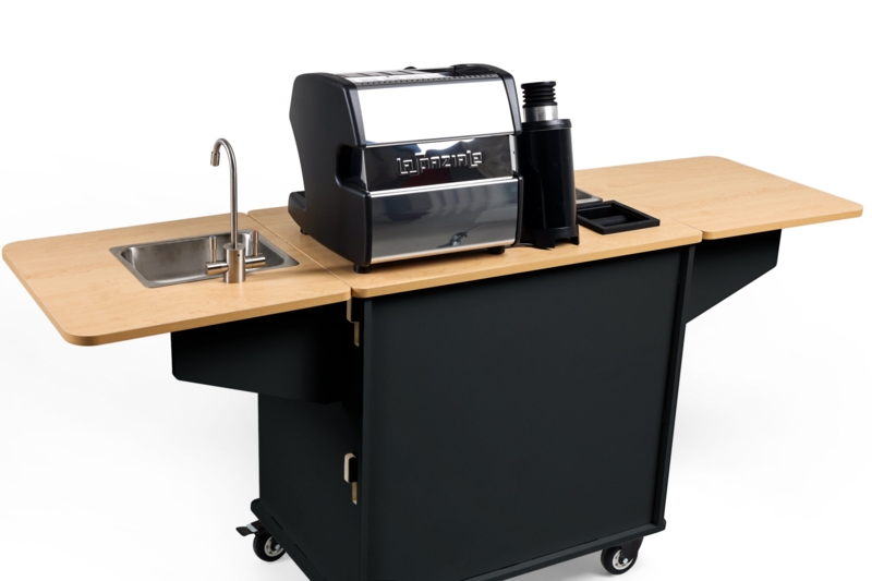 Industrial Mobile Coffee Cart Design with Overhead Frame, Matte Black