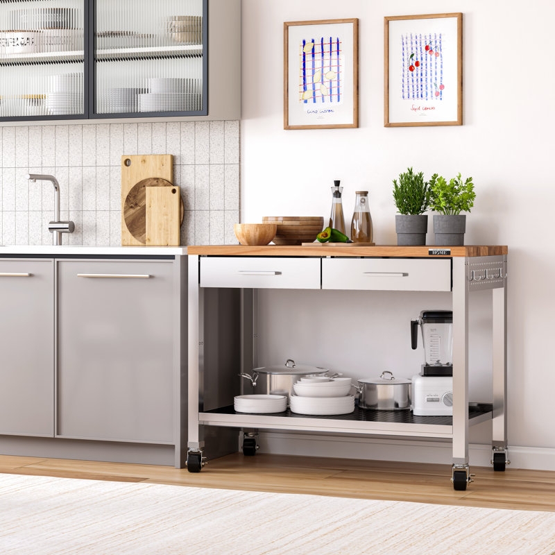Industrial Mobile Kitchen Island with Stainless Steel Frame