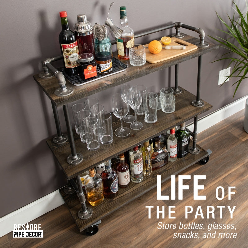 Industrial Pipe Bar Cart Layout, Three-Tier Wood Shelves, Matte Black