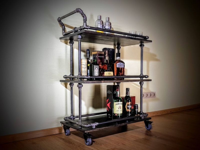 Industrial Pipe Bar Cart With Integrated Glass Rack, Compact Design