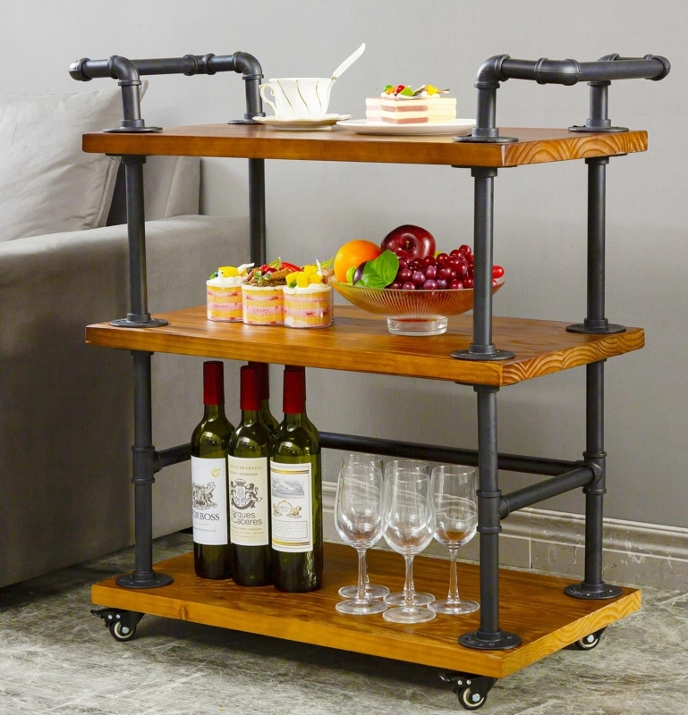 Industrial Pipe Bar Cart With Three-Tier Shelves, Black Metal Frame