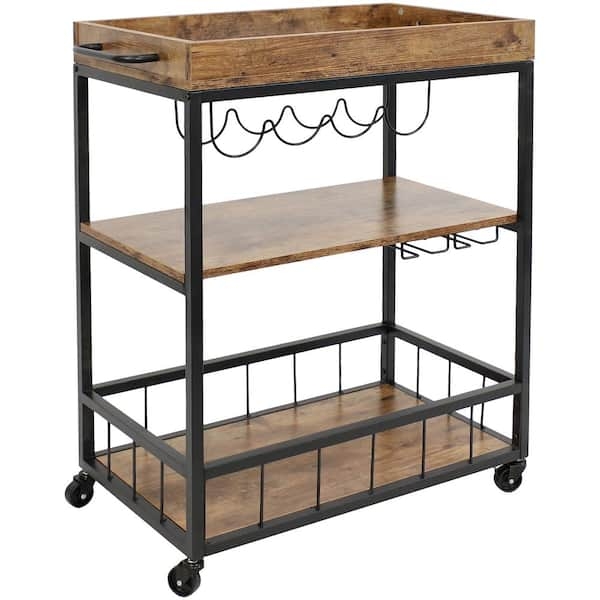 Industrial Rolling Bar Cart With Integrated Wine Rack, X-Brace Sides