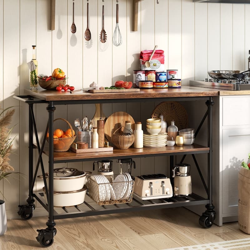 Industrial Rolling Cart, Thick Wood Top, Metal X-Brace Frame, Mesh Shelf.
