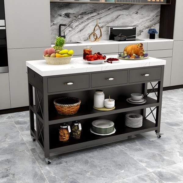 Industrial Rolling Kitchen Island Cart, 63 Inch Long Black Metal