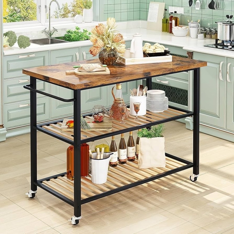 Industrial Rolling Kitchen Island Cart featuring X-Brace Sides