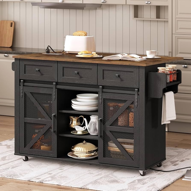 Industrial Rolling Kitchen Island Charging Station Barn Doors
