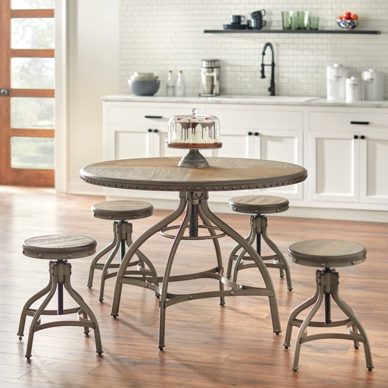 Industrial Round Dining Set with Adjustable Height Stools