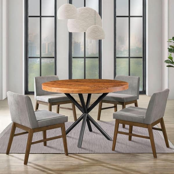 Industrial Round Dining Table, Crisscrossed Metal Legs, Wood Top