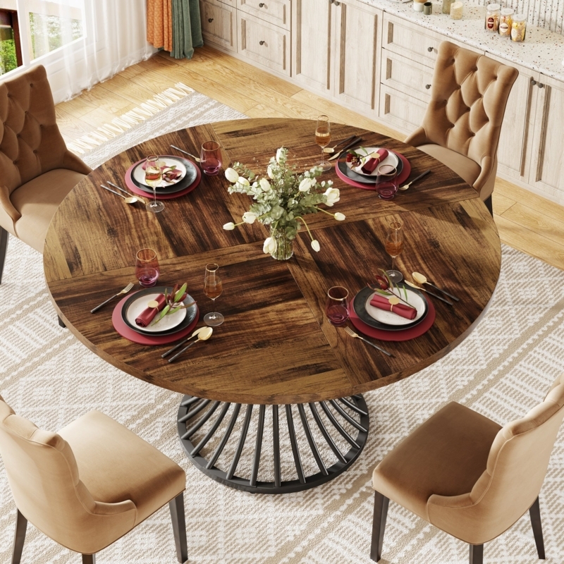 Industrial Round Dining Table Gray Wood Grain Top Black Metal X-Base