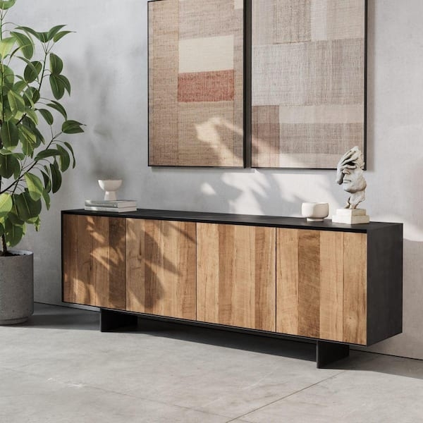 Industrial Sideboard Matte Metal Top Slat Front Reclaimed Wood