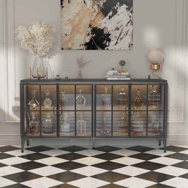 Industrial Sideboard with Integrated LED Lighting and Fluted Glass Doors