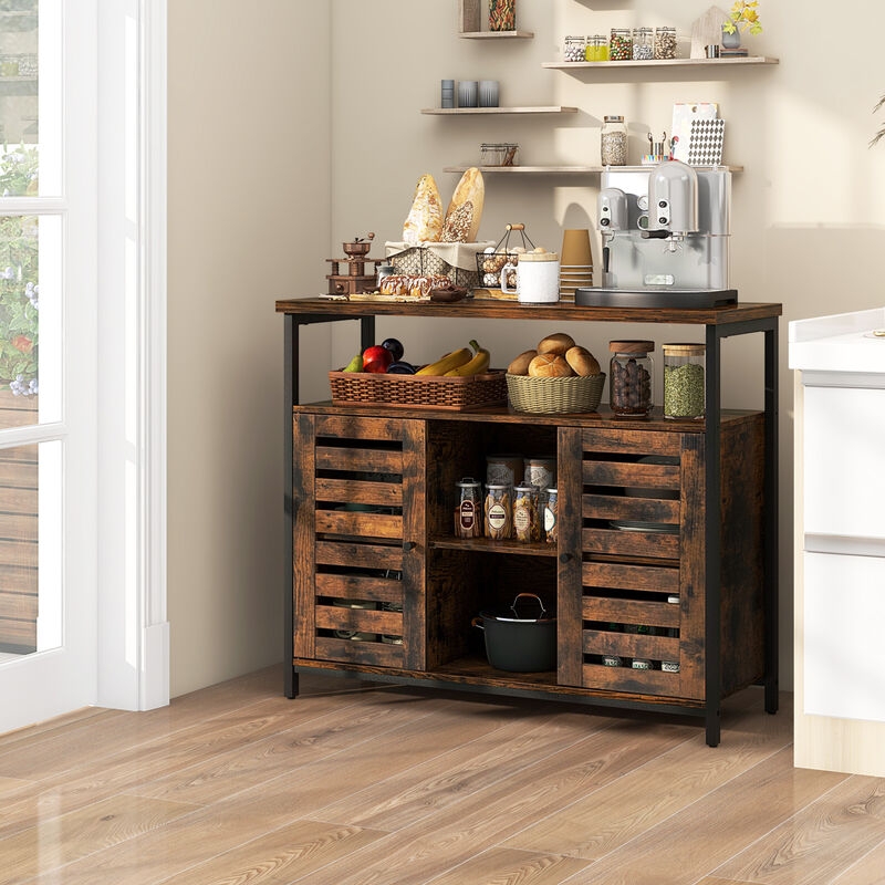 Industrial Sideboard with Slatted Sliding Doors and Metal Frame Base