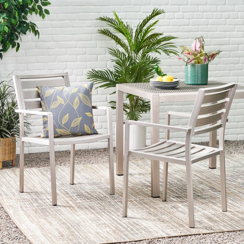 Industrial Silver Metal Dining Chairs with Slat Back and Polished Finish