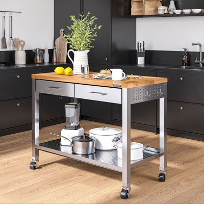 Industrial Stainless Steel Kitchen Island with Butcher Block Top
