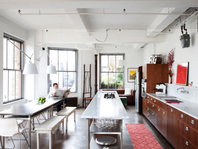 Industrial Style Dining Table with Reflective Stainless Steel Top
