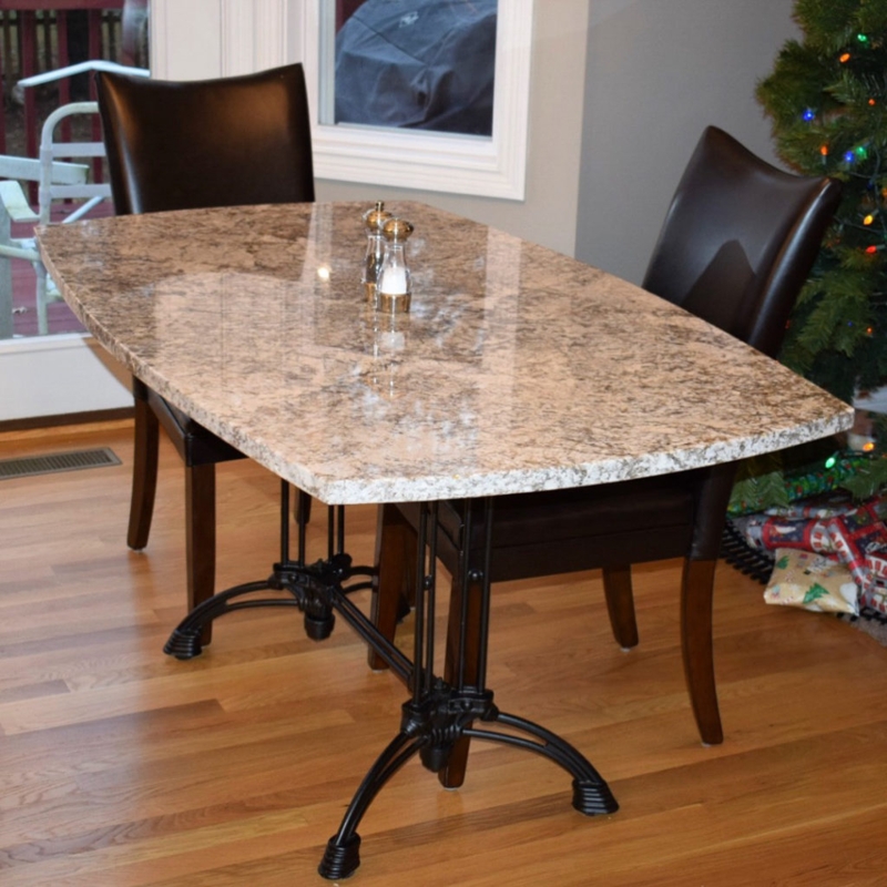 Industrial Style Dining Table with Speckled Stone Top and Cross Base
