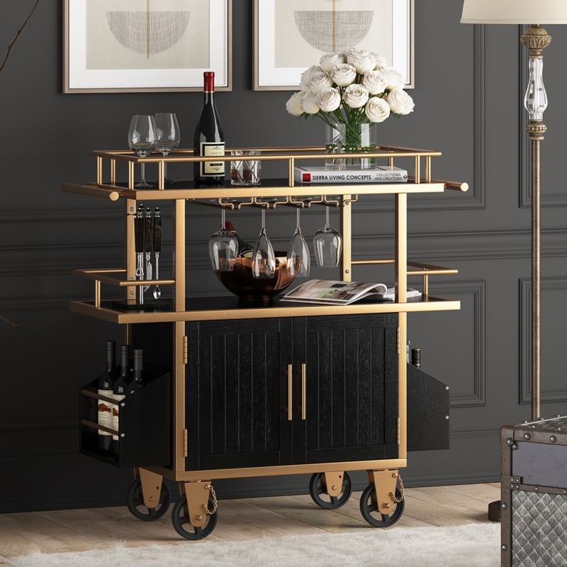 Industrial Wood Bar Cart Storage Cabinet Oversized Casters