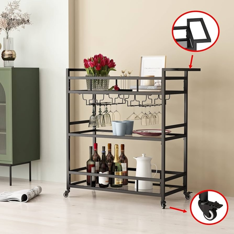 Integrated Wine Rack Bar Cart Black Metal Three Tier