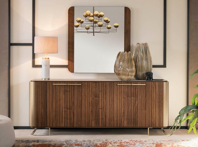 Italian Sideboard High-Gloss Wood Tone Handleless Design