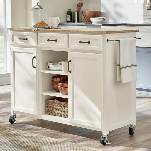 Ivory Kitchen Cart Butcher Block Top Locking Casters