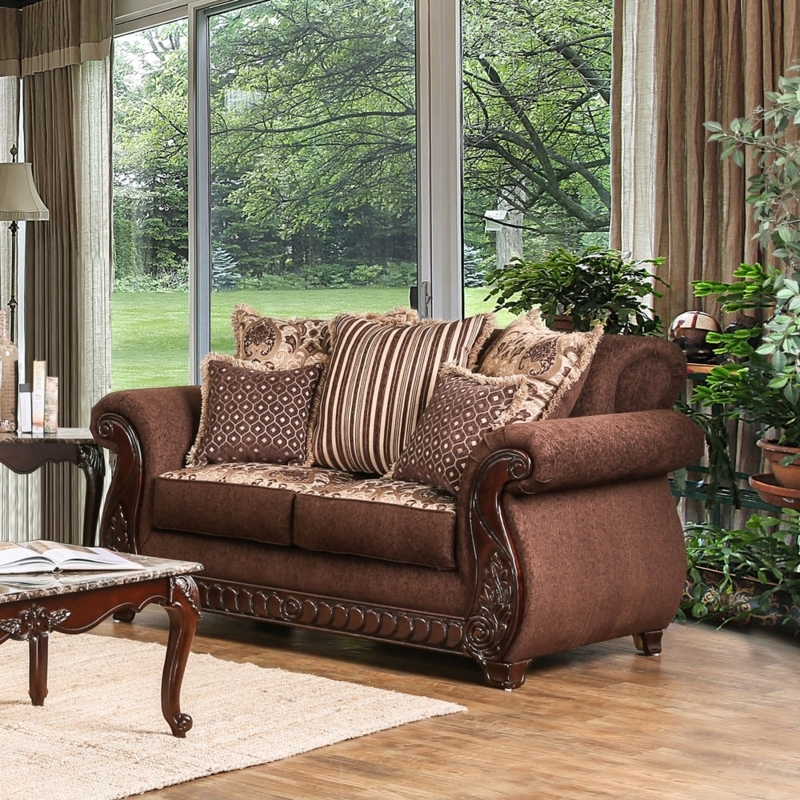 Ivory Loveseat with Scrolled Wood Trim