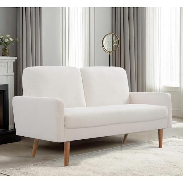 Ivory Velvet Loveseat: Mid Century Modern Square Arm Silhouette