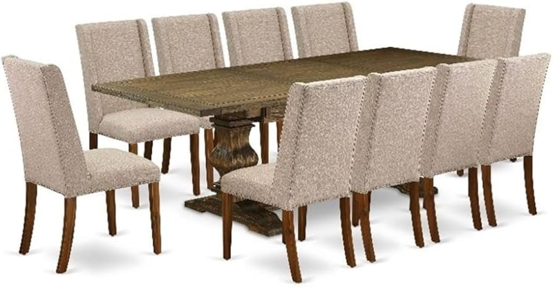 Jacobean Dining Set with Tan Parsons Chairs and Nailhead Trim