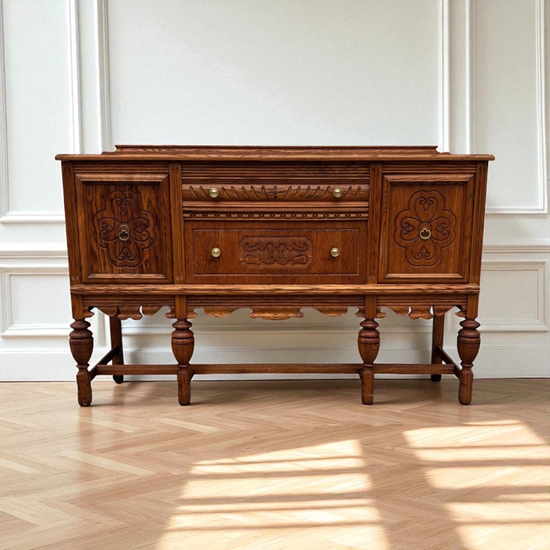 Jacobean Revival Sideboard with Bulbous Turned Legs and Relief Carving