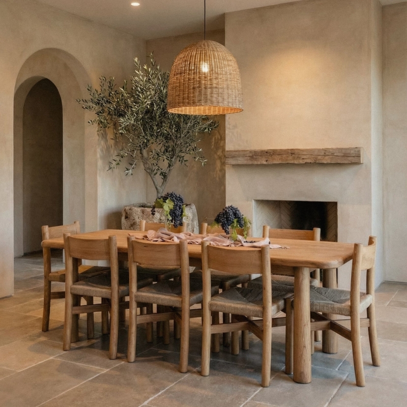 Japandi Oak Dining Chair with Woven Jute Seat and Curved Back