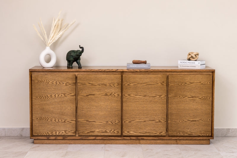 Japandi Ribbed Wood Sideboard Featuring a White Marble Top
