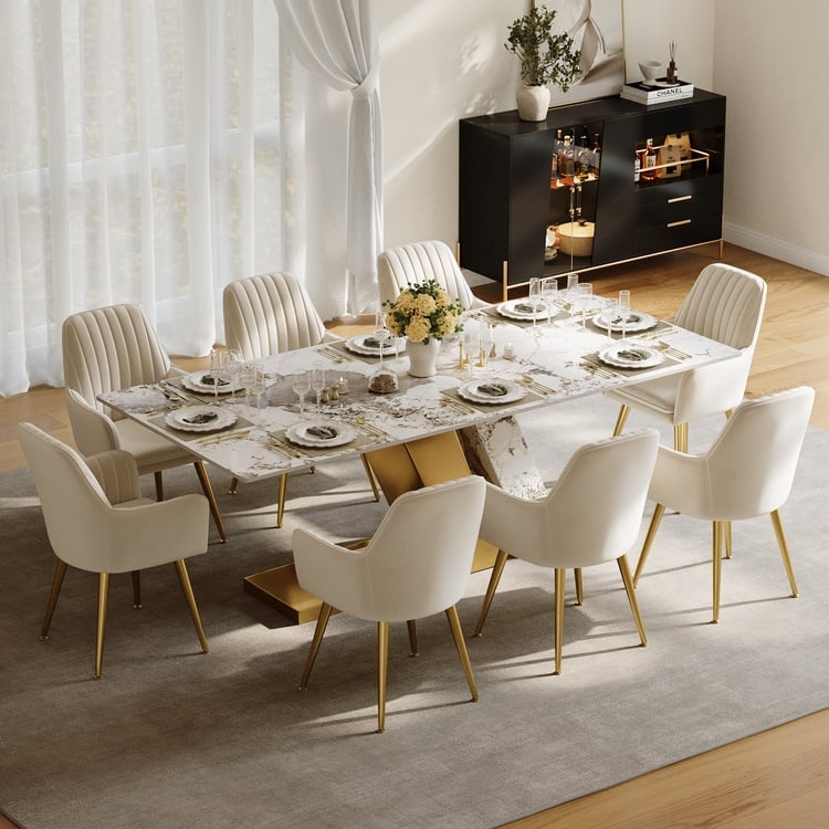 Japandi Style Dining Set with Stone Top and Arched Pedestal Bases