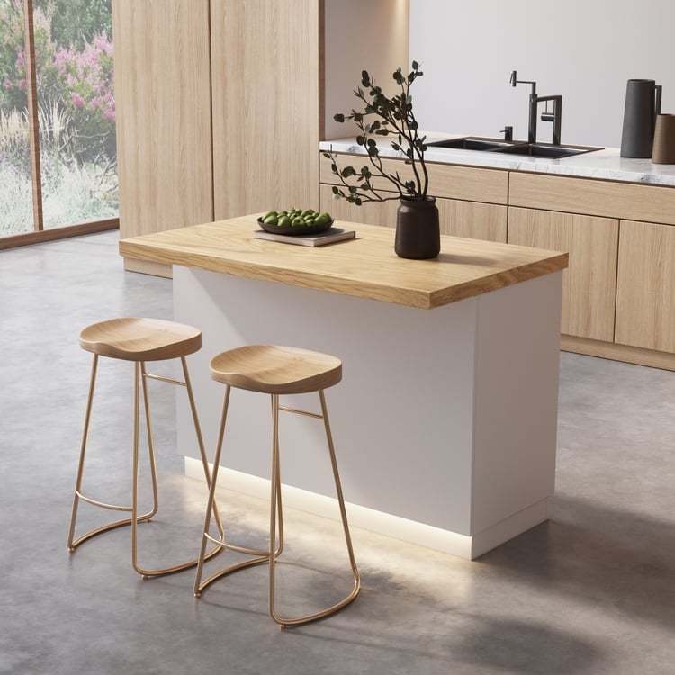 Japandi Style Kitchen Island with Slatted Tambour Base and LED Glow