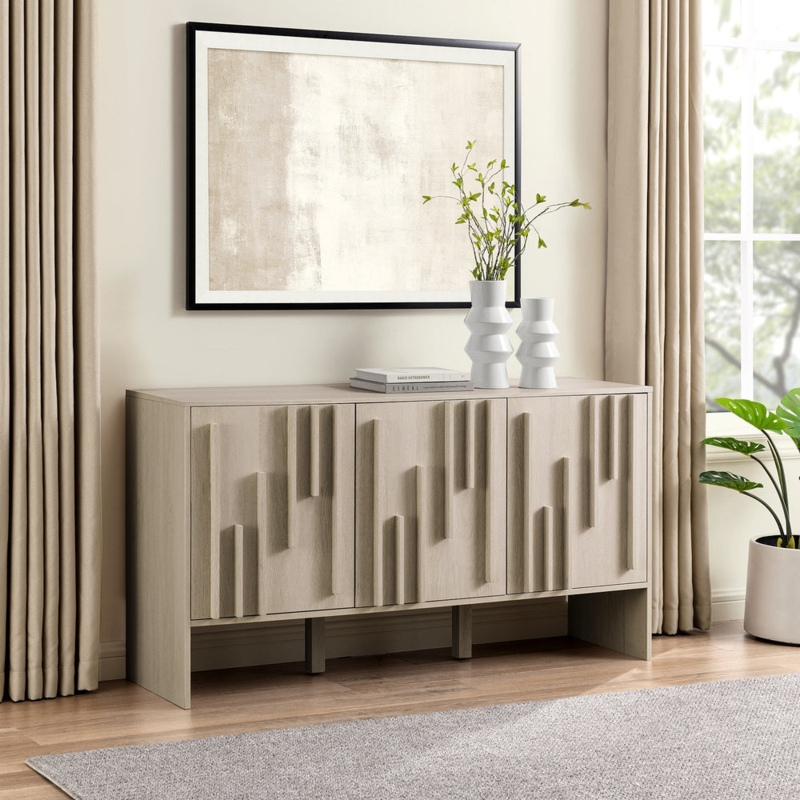 Japandi Two-Tone Sideboard with Geometric Embossed Doors