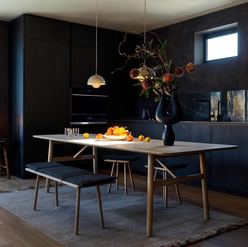 Kitchen Cabinetry featuring Matte Black Flat Panels and Open Shelving