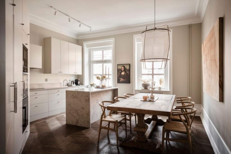 Kitchen Cabinetry Herringbone Floors Monochromatic Beige Period Molding