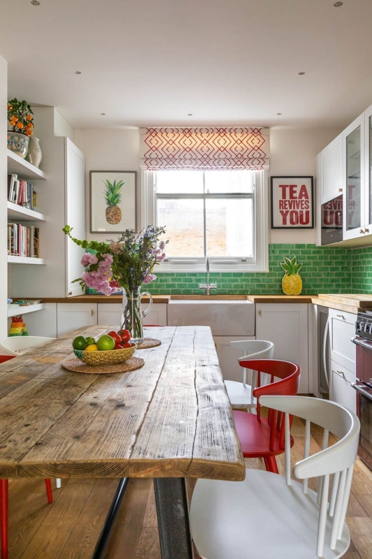 Kitchen Cabinetry Teal Shaker Style with Botanical Wallpaper