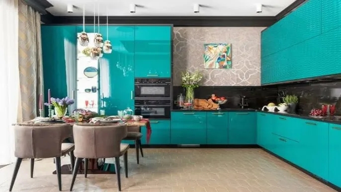 Kitchen Cabinets with Flat Panel Design and Integrated Dining Seating
