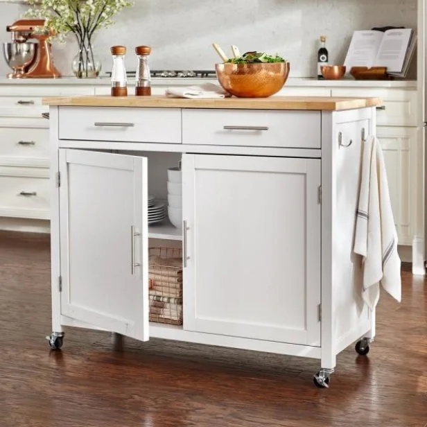 Kitchen Cart Butcher Block Top with Slatted Shelves and Cup Pull Handles