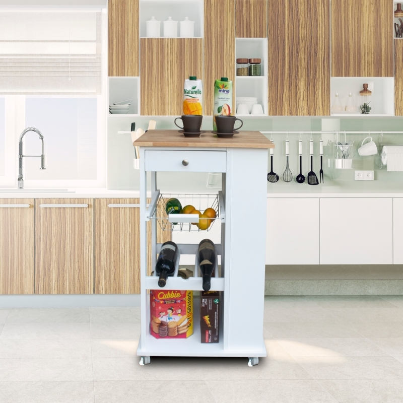 Kitchen Cart Dual Drawer Storage Tiered Open Shelf White Mobile
