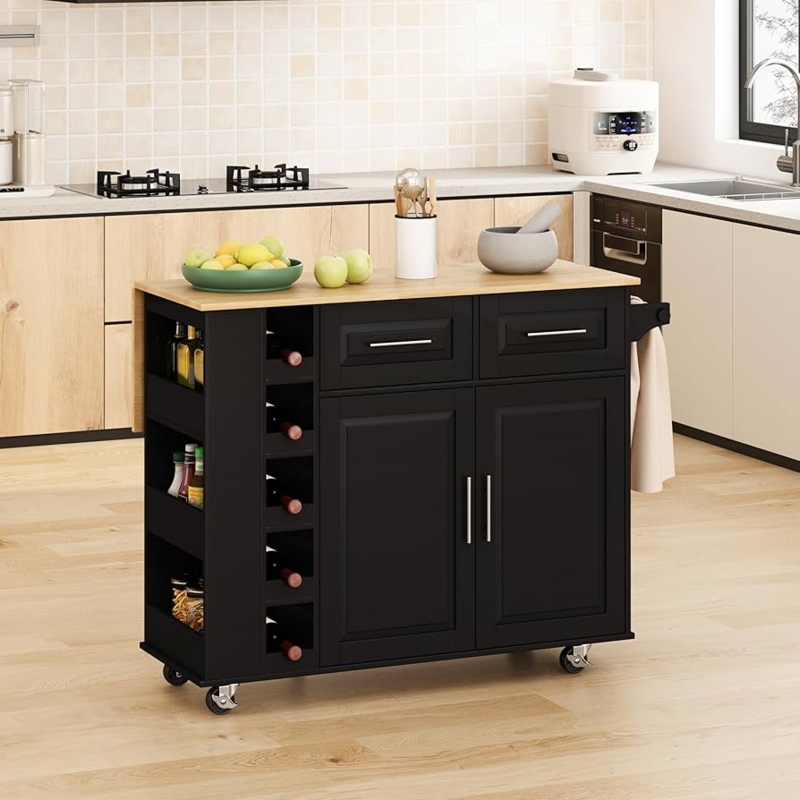 Kitchen Cart featuring Black and Natural Contrast with Drop Leaf