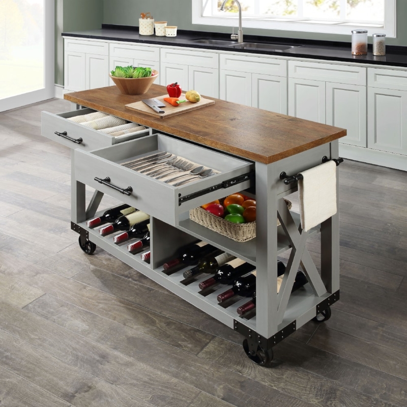 Kitchen Cart featuring Weathered Gray Finish and X-Frame Sides