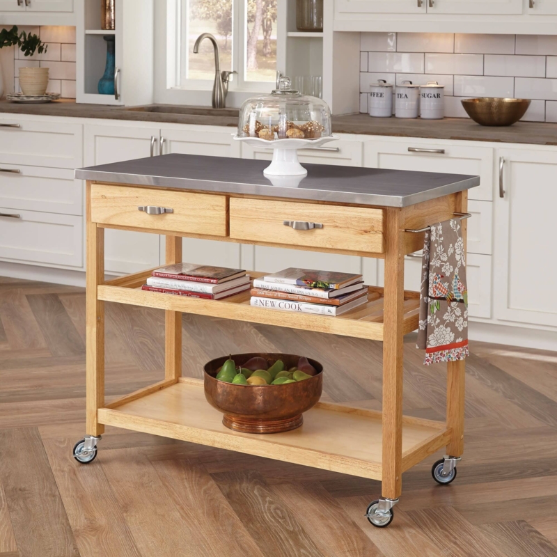 Kitchen Cart Honey Oak Triple Drawers Butcher Block Style Top