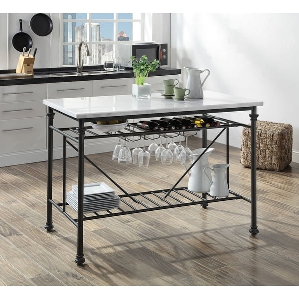 Kitchen Cart Industrial Black with Stone-Like Top & Wine Storage